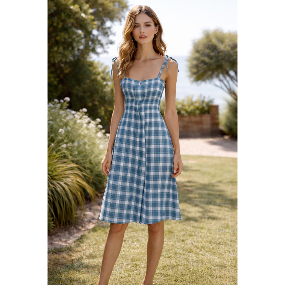 TEIJA Plaid Cotton Midi Dress Size 8 Blue Green Check Tie Strap